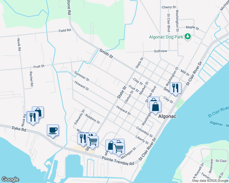 map of restaurants, bars, coffee shops, grocery stores, and more near 934 Summer Street in Algonac