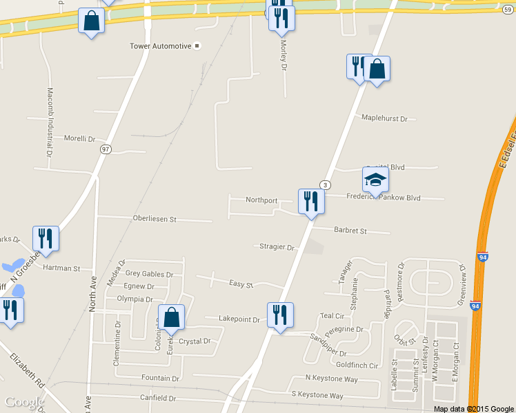 map of restaurants, bars, coffee shops, grocery stores, and more near 23645 Marlborough Drive in Clinton Township