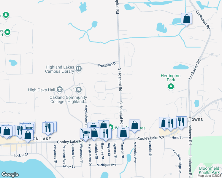 map of restaurants, bars, coffee shops, grocery stores, and more near 7035 Round Hill Drive in Waterford charter Township