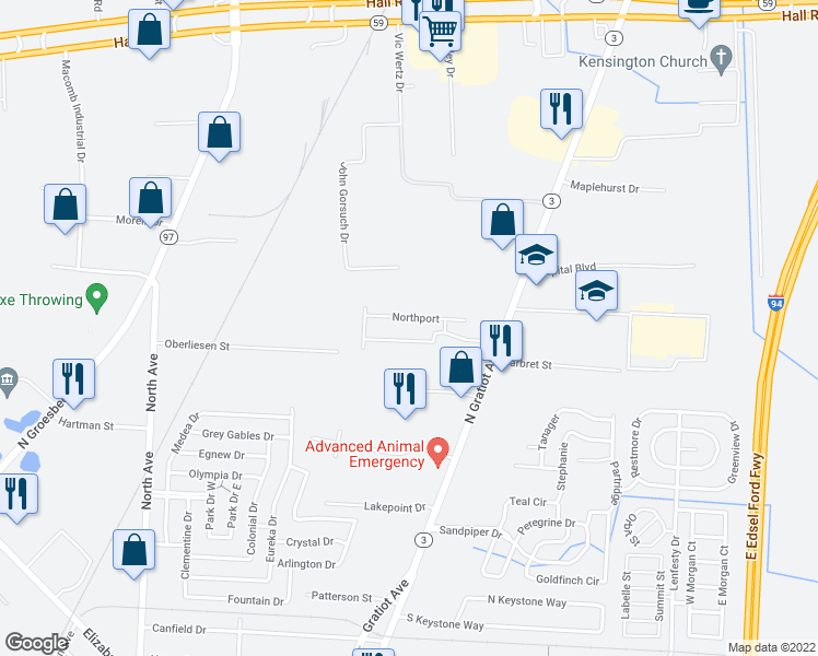 map of restaurants, bars, coffee shops, grocery stores, and more near 23645 Marlborough Drive in Clinton Township