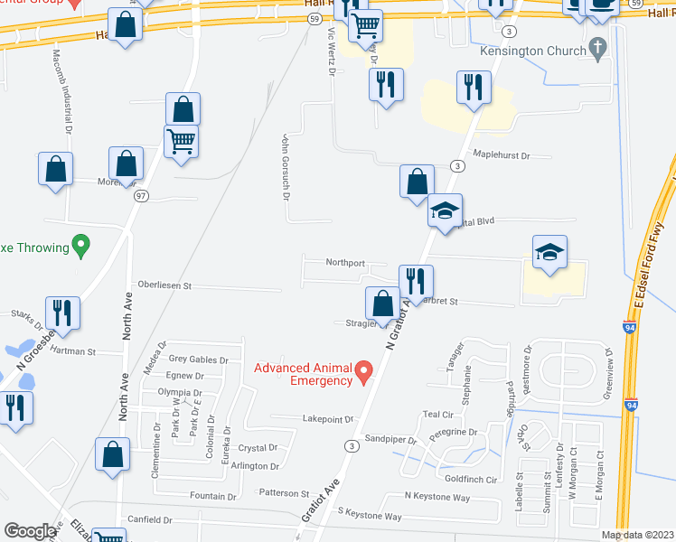 map of restaurants, bars, coffee shops, grocery stores, and more near 23645 Marlborough Drive in Clinton Township