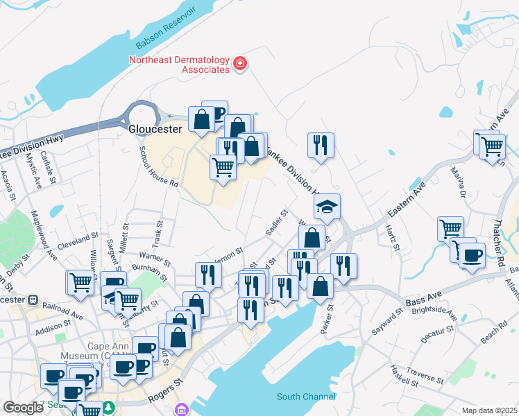 map of restaurants, bars, coffee shops, grocery stores, and more near 67 Perkins Street in Gloucester