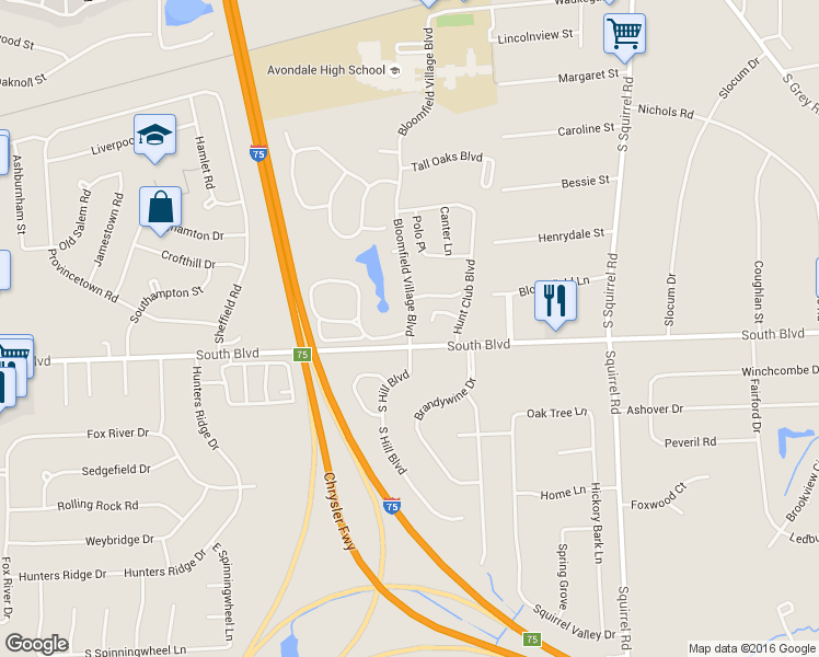 map of restaurants, bars, coffee shops, grocery stores, and more near 970 Bloomfield Village Boulevard in Auburn Hills