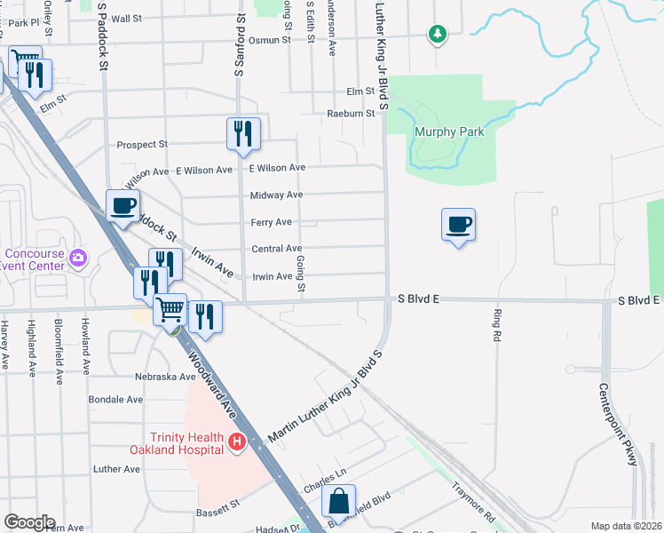 map of restaurants, bars, coffee shops, grocery stores, and more near 451 Irwin Avenue in Pontiac