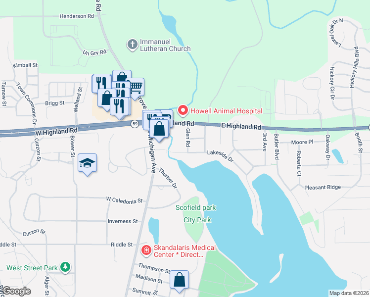 map of restaurants, bars, coffee shops, grocery stores, and more near 219 Lakeside Drive in Howell