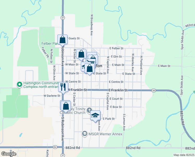 map of restaurants, bars, coffee shops, grocery stores, and more near 107N North Madison Avenue in Hartington