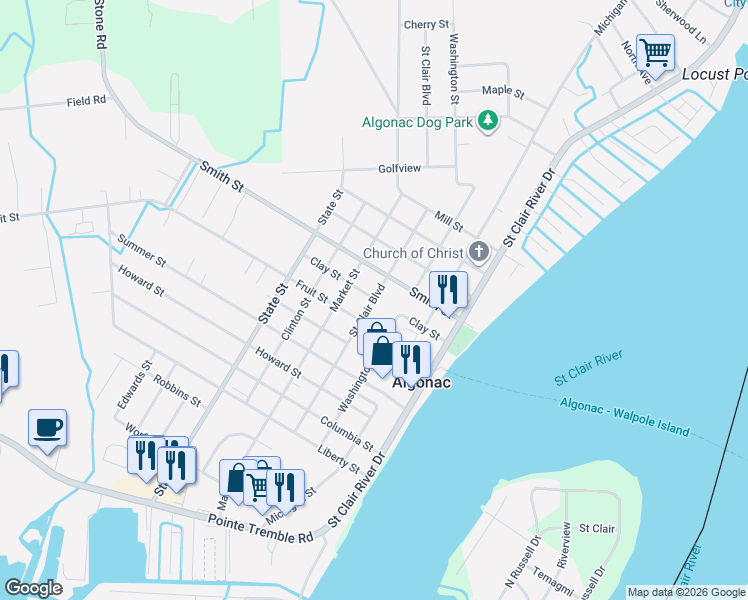 map of restaurants, bars, coffee shops, grocery stores, and more near 1300 Saint Clair Boulevard in Algonac
