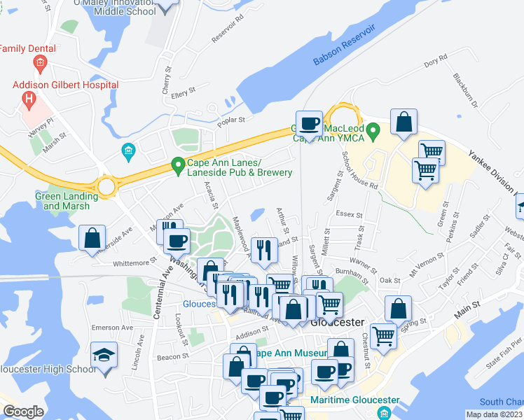 map of restaurants, bars, coffee shops, grocery stores, and more near 61R Grove Street in Gloucester