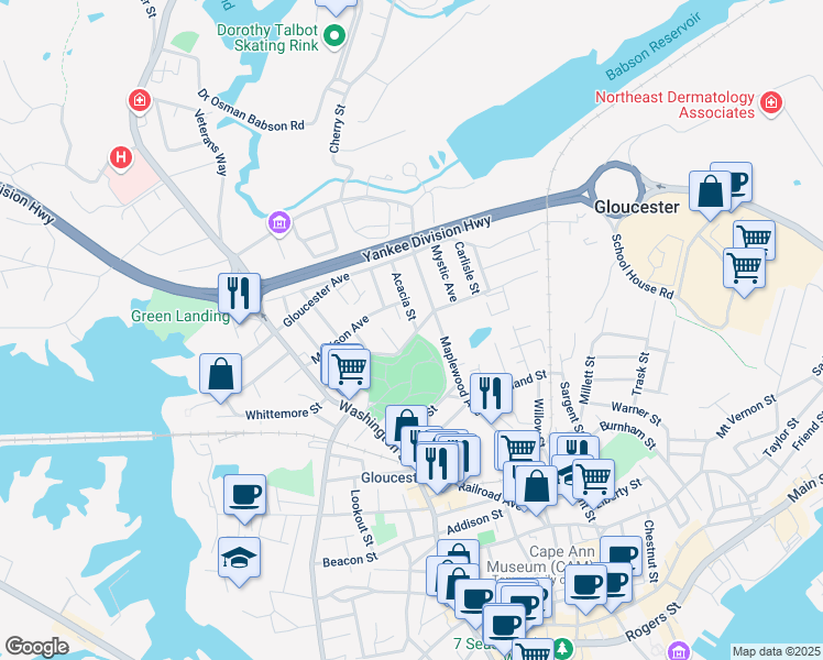 map of restaurants, bars, coffee shops, grocery stores, and more near 48 Grove Street in Gloucester