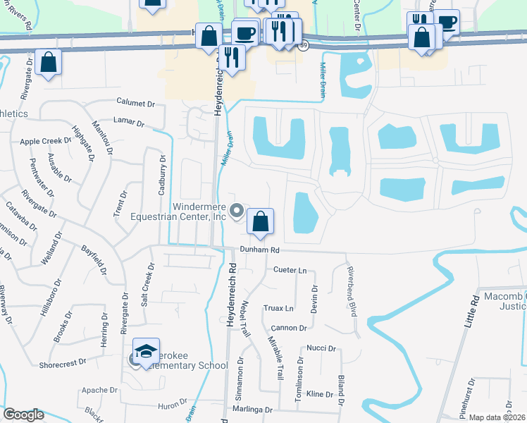 map of restaurants, bars, coffee shops, grocery stores, and more near 43985 Dunham Court in Clinton Township