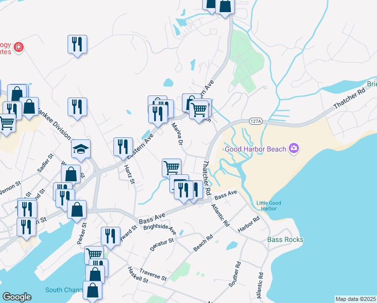map of restaurants, bars, coffee shops, grocery stores, and more near 11 Marina Drive in Gloucester
