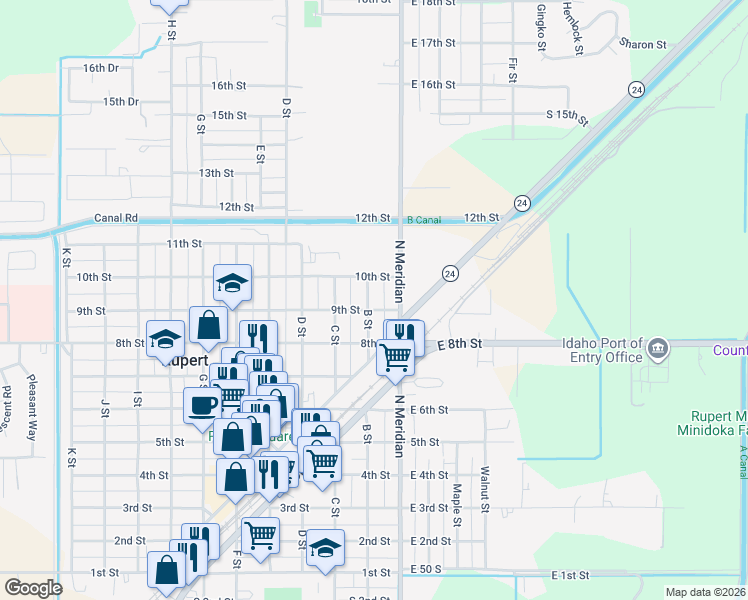 map of restaurants, bars, coffee shops, grocery stores, and more near 901 A Street in Rupert