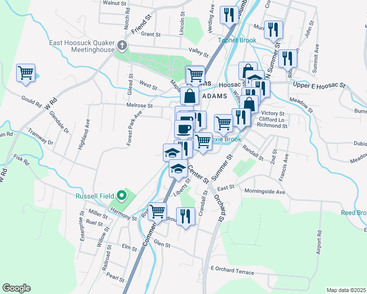 map of restaurants, bars, coffee shops, grocery stores, and more near 3 Park Street in Adams