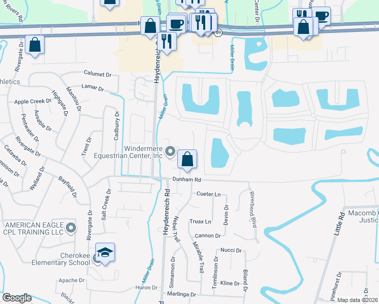 map of restaurants, bars, coffee shops, grocery stores, and more near 43985 Dunham Court in Charter Township of Clinton