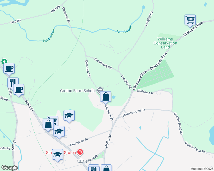 map of restaurants, bars, coffee shops, grocery stores, and more near 80 Common Street in Groton