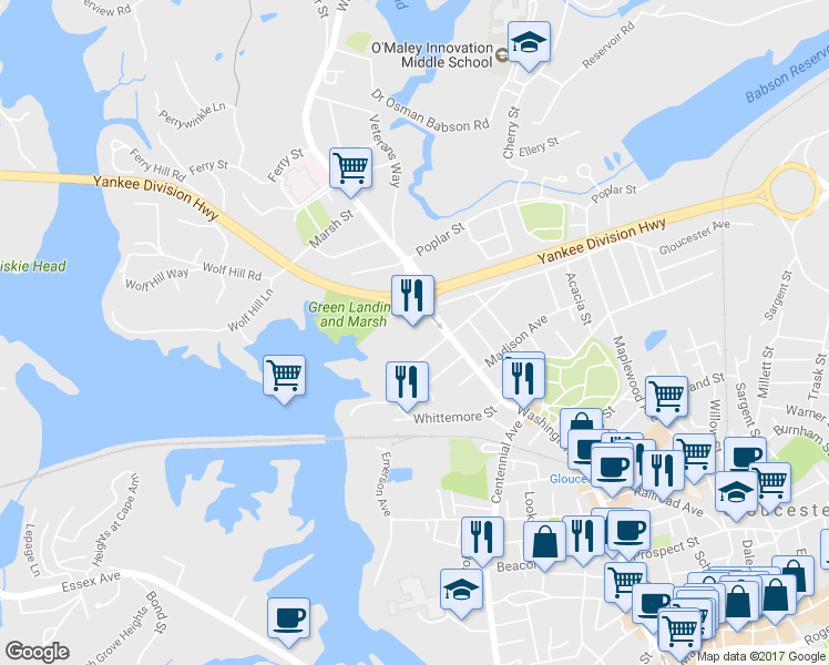 map of restaurants, bars, coffee shops, grocery stores, and more near 226 Washington Street in Gloucester