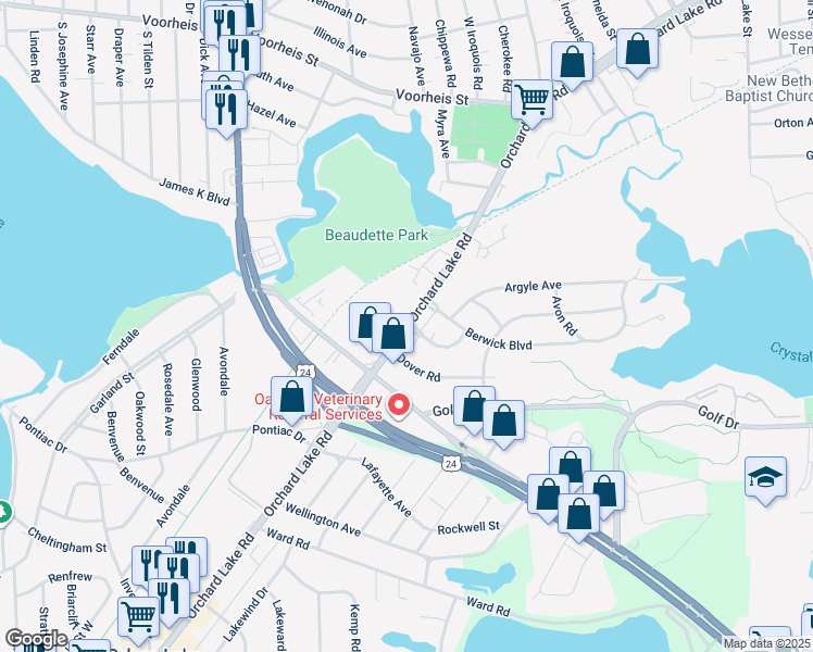 map of restaurants, bars, coffee shops, grocery stores, and more near 902 Orchard Lake Road in Pontiac