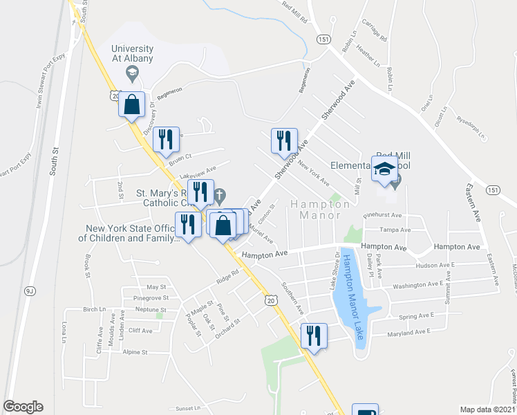 map of restaurants, bars, coffee shops, grocery stores, and more near 77 Sherwood Avenue in Rensselaer