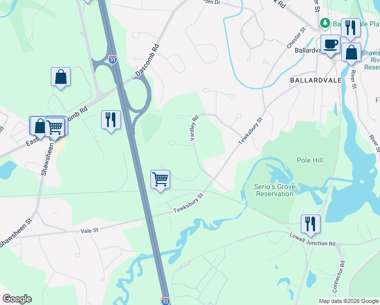 map of restaurants, bars, coffee shops, grocery stores, and more near 8 Yardley Road in Andover