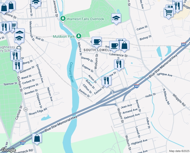 map of restaurants, bars, coffee shops, grocery stores, and more near 81 Eugene Street in Lowell