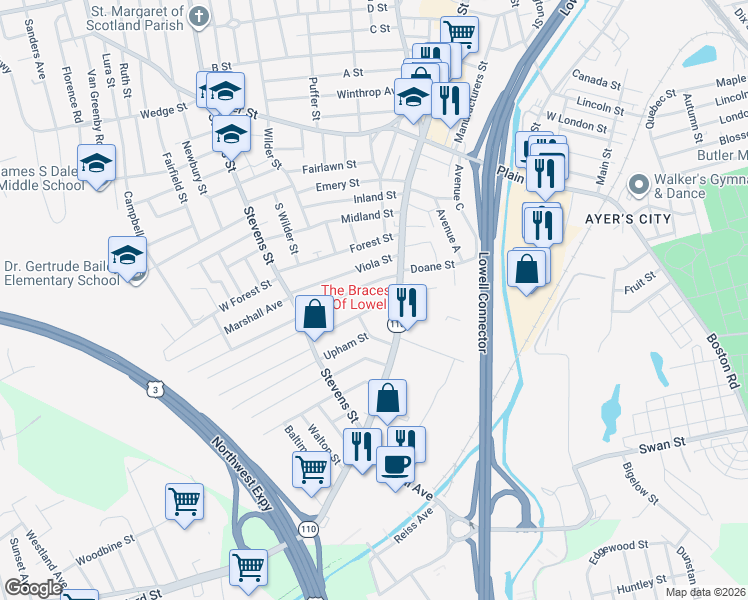 map of restaurants, bars, coffee shops, grocery stores, and more near 25 Norcross Street in Lowell