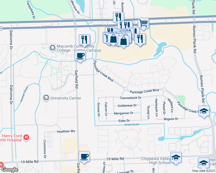 map of restaurants, bars, coffee shops, grocery stores, and more near 44003 Partridge Creek Boulevard in Clinton Township