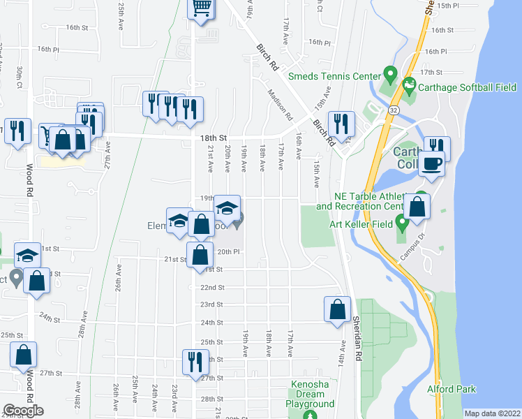 map of restaurants, bars, coffee shops, grocery stores, and more near 1920 17th Avenue in Kenosha