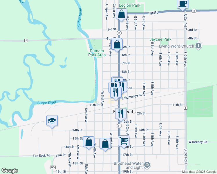 map of restaurants, bars, coffee shops, grocery stores, and more near 1007 10th Street in Brodhead