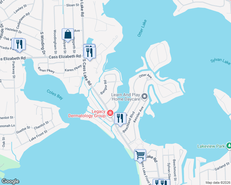 map of restaurants, bars, coffee shops, grocery stores, and more near 1219 Bamford Street in Waterford Township
