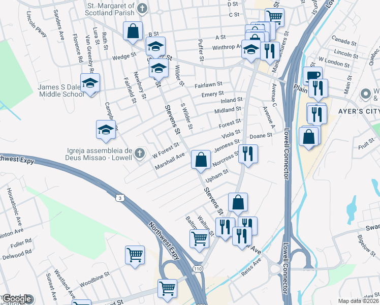 map of restaurants, bars, coffee shops, grocery stores, and more near 706 Stevens Street in Lowell