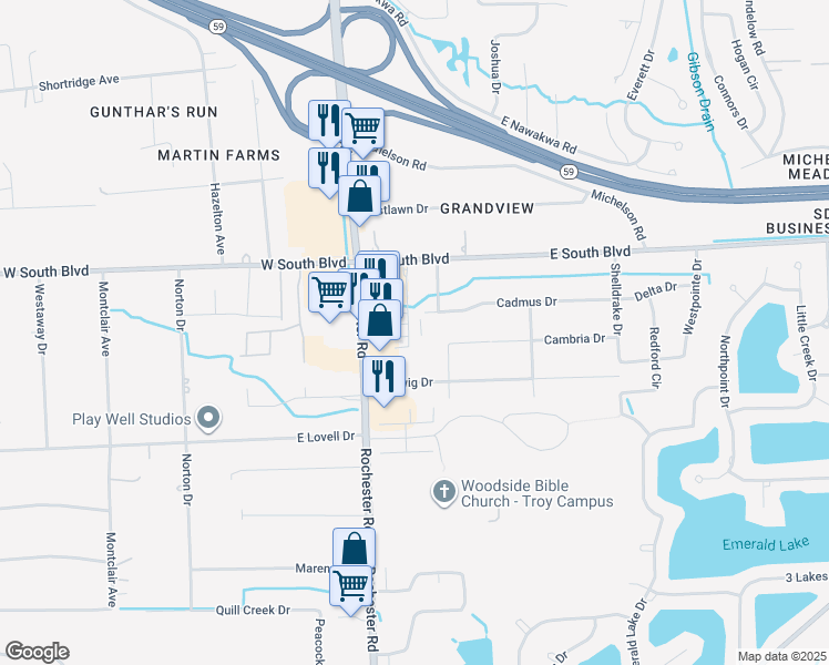map of restaurants, bars, coffee shops, grocery stores, and more near 6828 Solomon Drive in Troy