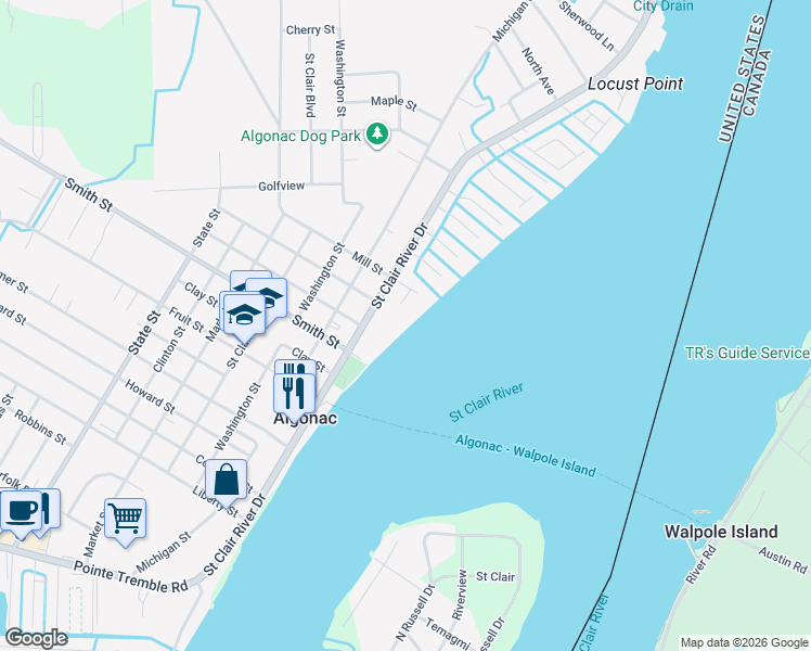 map of restaurants, bars, coffee shops, grocery stores, and more near 1516 Saint Clair River Drive in Algonac