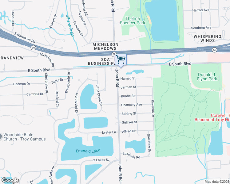 map of restaurants, bars, coffee shops, grocery stores, and more near 6814 John R Road in Troy