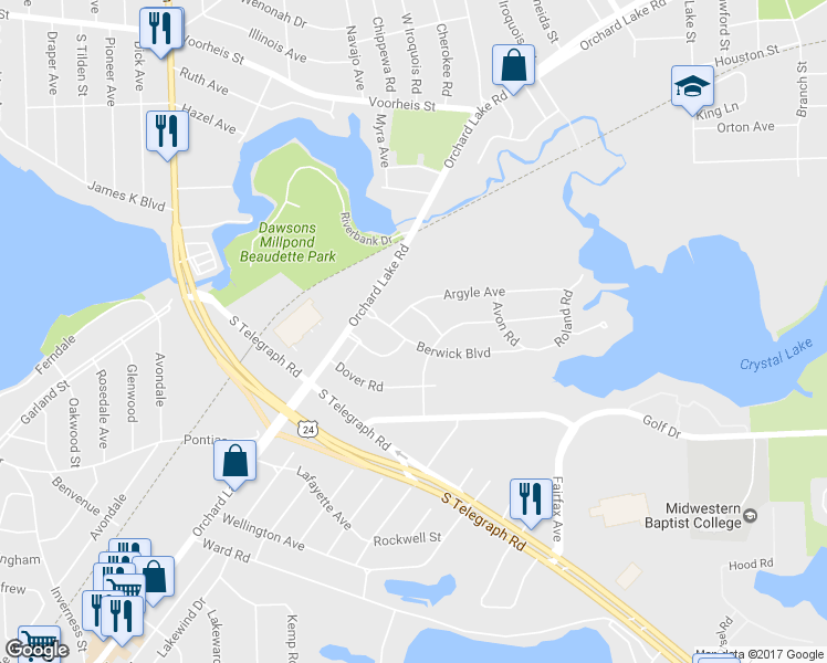 map of restaurants, bars, coffee shops, grocery stores, and more near 1064 Berwick Boulevard in Pontiac