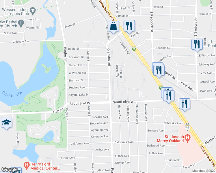 map of restaurants, bars, coffee shops, grocery stores, and more near 302 Franklin Road in Pontiac