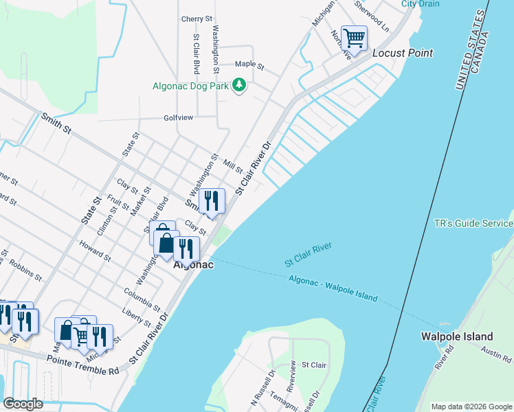 map of restaurants, bars, coffee shops, grocery stores, and more near 1516 Saint Clair River Drive in Algonac