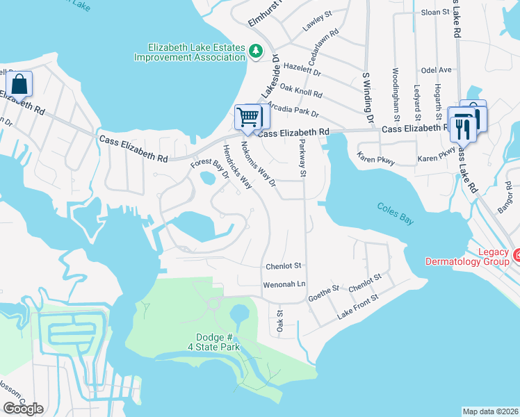map of restaurants, bars, coffee shops, grocery stores, and more near 1225 Hendricks Way in Waterford Township