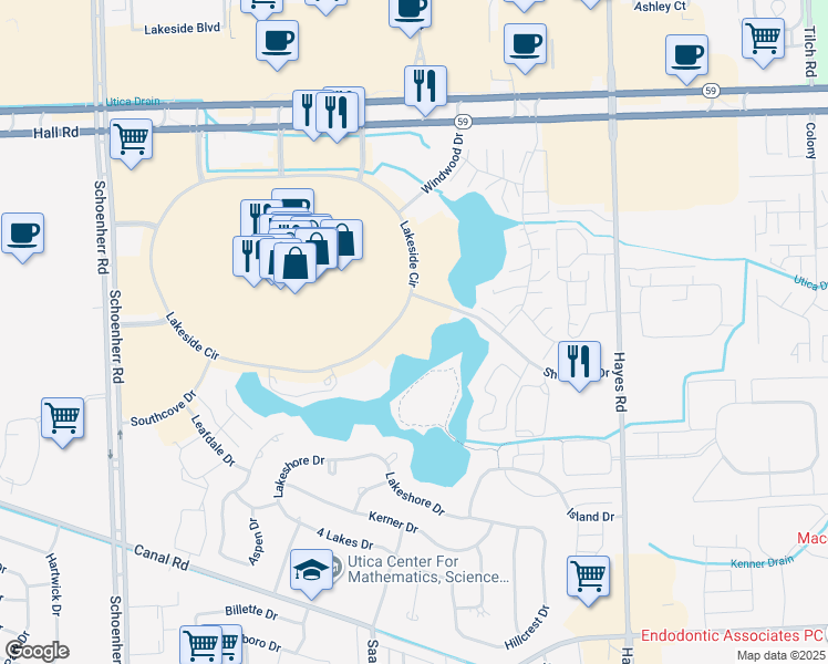 map of restaurants, bars, coffee shops, grocery stores, and more near 14560 Lakeside Circle in Sterling Heights