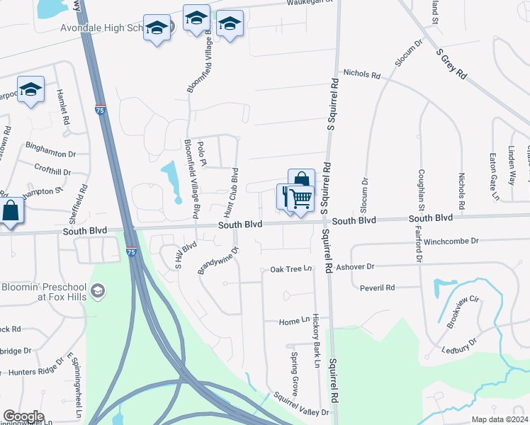 map of restaurants, bars, coffee shops, grocery stores, and more near 3100 Bloomfield Lane in Auburn Hills