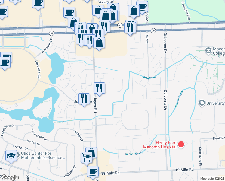 map of restaurants, bars, coffee shops, grocery stores, and more near 15317 Yale Drive in Clinton Township