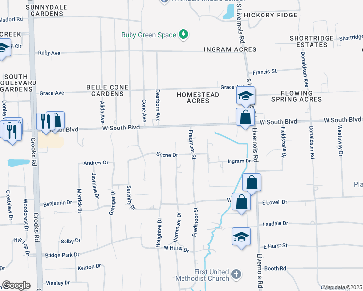 map of restaurants, bars, coffee shops, grocery stores, and more near 6932 Vernmoor Drive in Troy