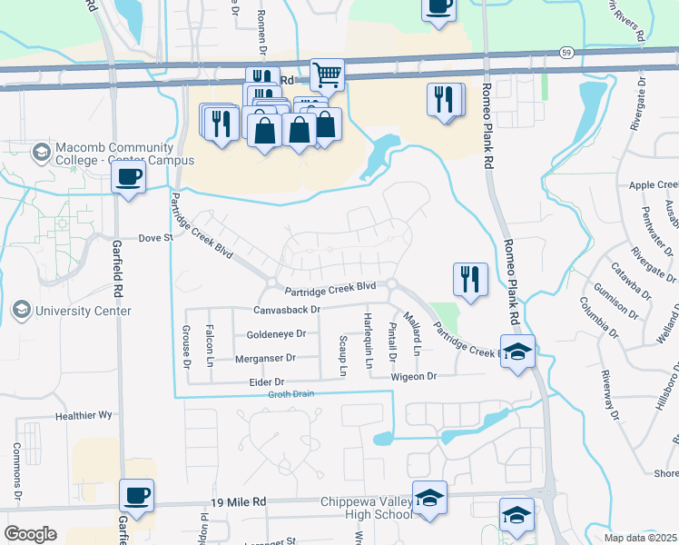map of restaurants, bars, coffee shops, grocery stores, and more near 17740 Maisons Drive in Macomb County