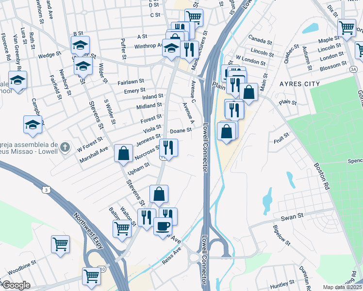 map of restaurants, bars, coffee shops, grocery stores, and more near 706 Chelmsford Street in Lowell