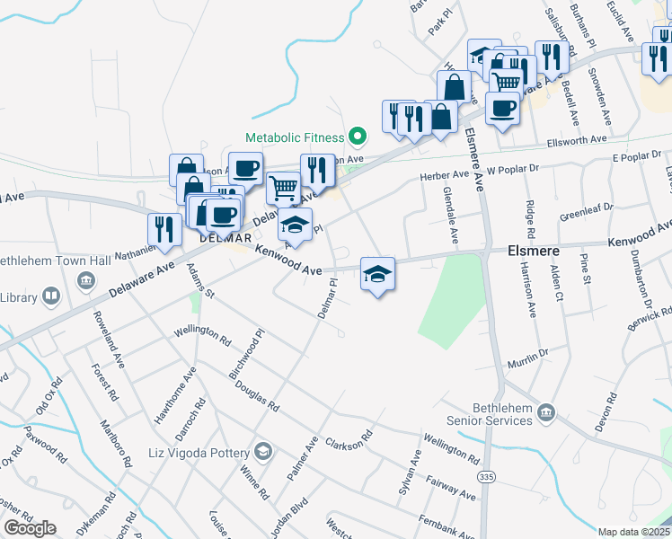 map of restaurants, bars, coffee shops, grocery stores, and more near Kenwood Avenue & Delmar Place in Delmar