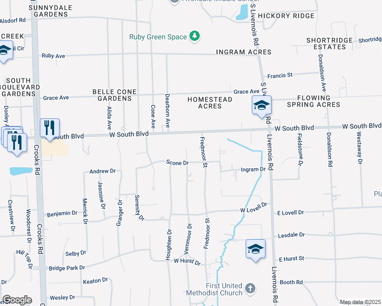 map of restaurants, bars, coffee shops, grocery stores, and more near 6932 Vernmoor Drive in Troy