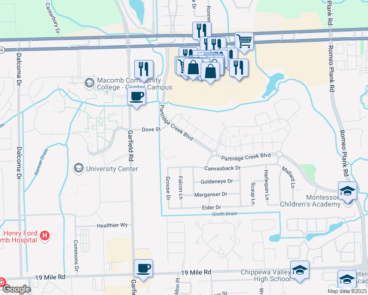 map of restaurants, bars, coffee shops, grocery stores, and more near 44003 Partridge Creek Boulevard in Clinton Township