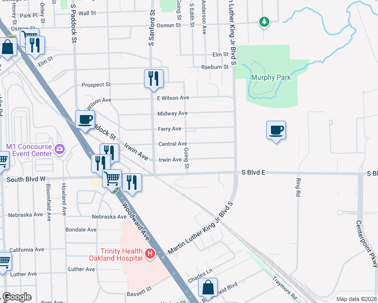 map of restaurants, bars, coffee shops, grocery stores, and more near 617 Going Street in Pontiac