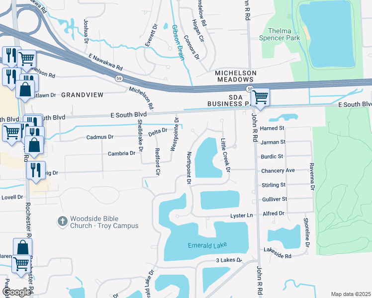 map of restaurants, bars, coffee shops, grocery stores, and more near 6817 Northpoint Drive in Troy