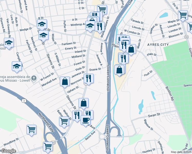 map of restaurants, bars, coffee shops, grocery stores, and more near 706 Chelmsford Street in Lowell