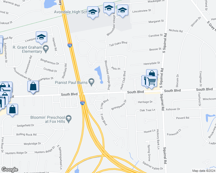 map of restaurants, bars, coffee shops, grocery stores, and more near 970 Bloomfield Village Boulevard in Auburn Hills